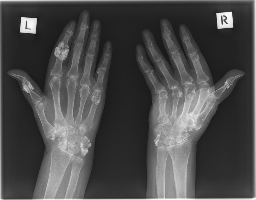 This patient with scleroderma has periarticular calcifications seen most clearly on the thumb and first finger of the left hand (source)